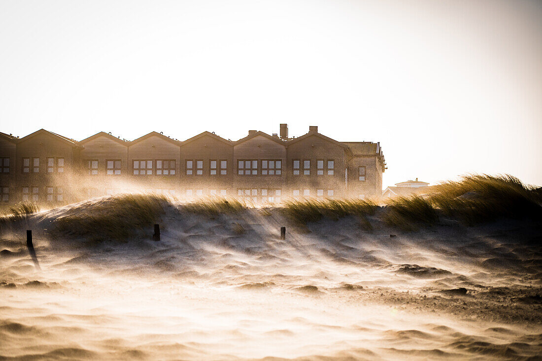 Sandstorm on the beach in Heiligenhafen, Seebruecke, Bretterbude, Baltic Sea, Ostholstein, Schleswig-Holstein, Germany