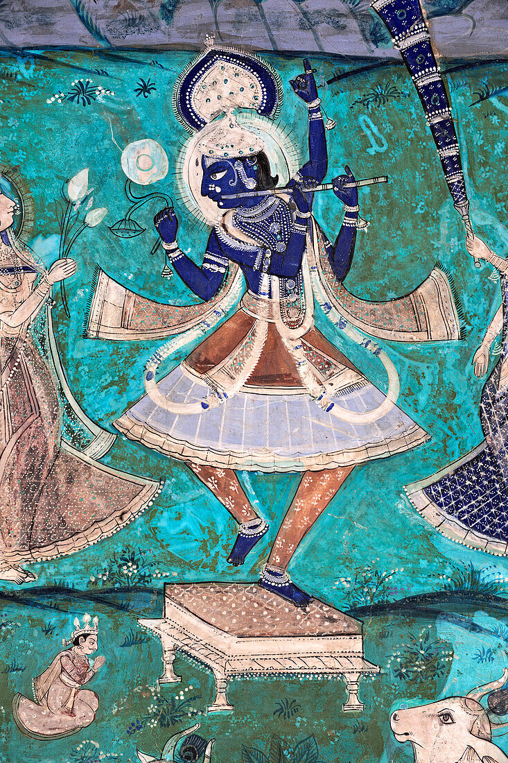 Krishna hebt den Govardhan-Hügel mit seinem kleinen Finger an, Die Chitrashala-Wandmalereien