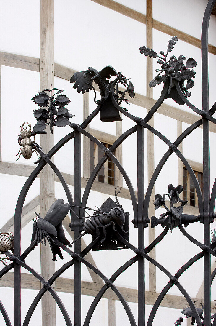Detail of entrance gate ,The Globe Theatre, Bankside, London, England, UK