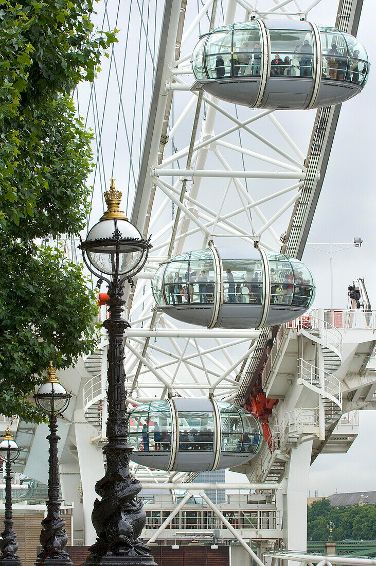 A closeup shot of part of the London Eye or Millenium Wheel on a cloudy day in London