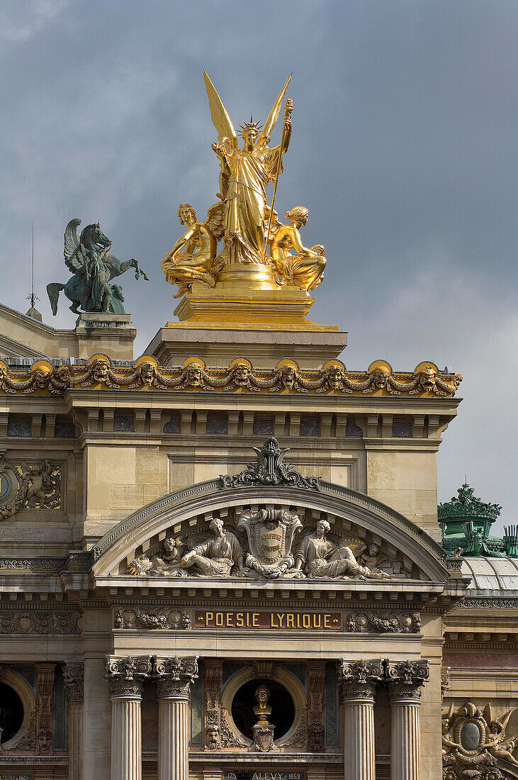 Liberty roof sculpture by Charles Gumery and facade, Opera Garnier, Paris, Franc