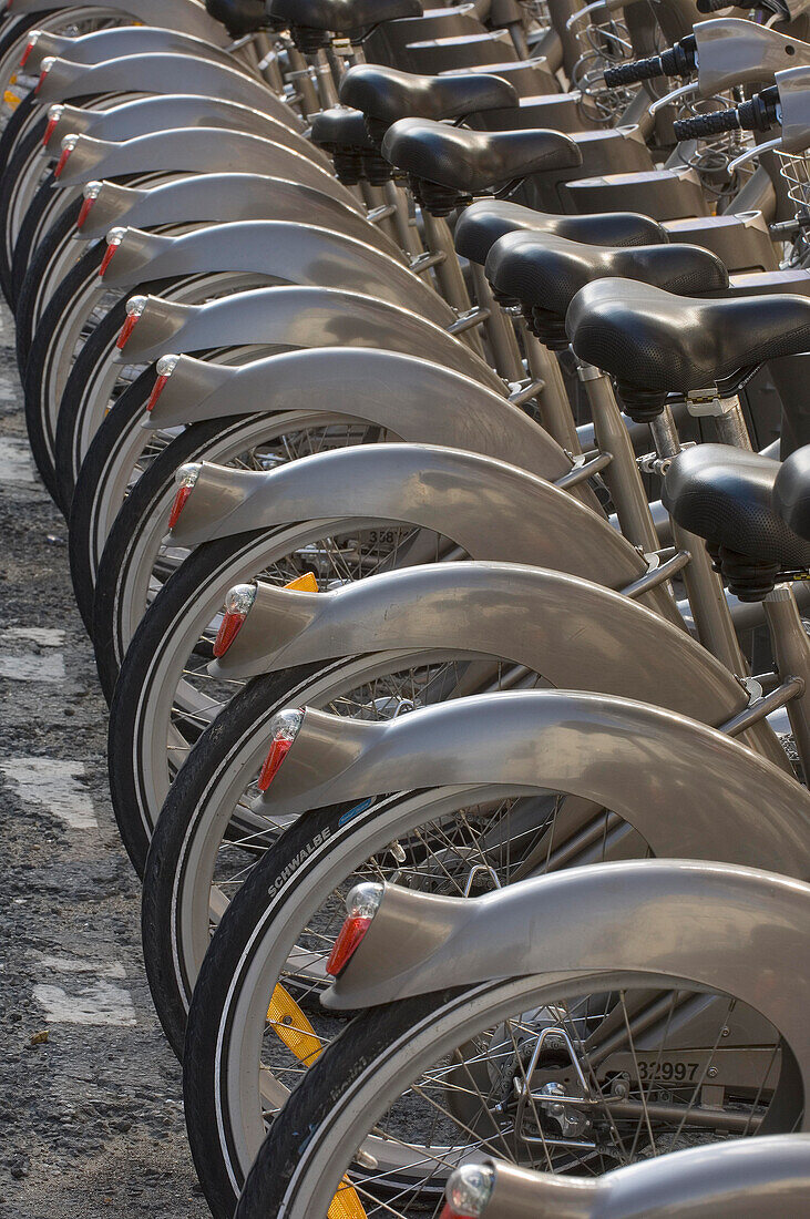 A Vélib’ station with bicycles (French: vélo libre or vélo liberté; English: free bicycle or bicycle freedom)