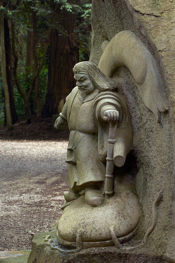 Tsukahara bokuden, stone statue, Kashima-jingu, Japan. Wrestling a Catfish