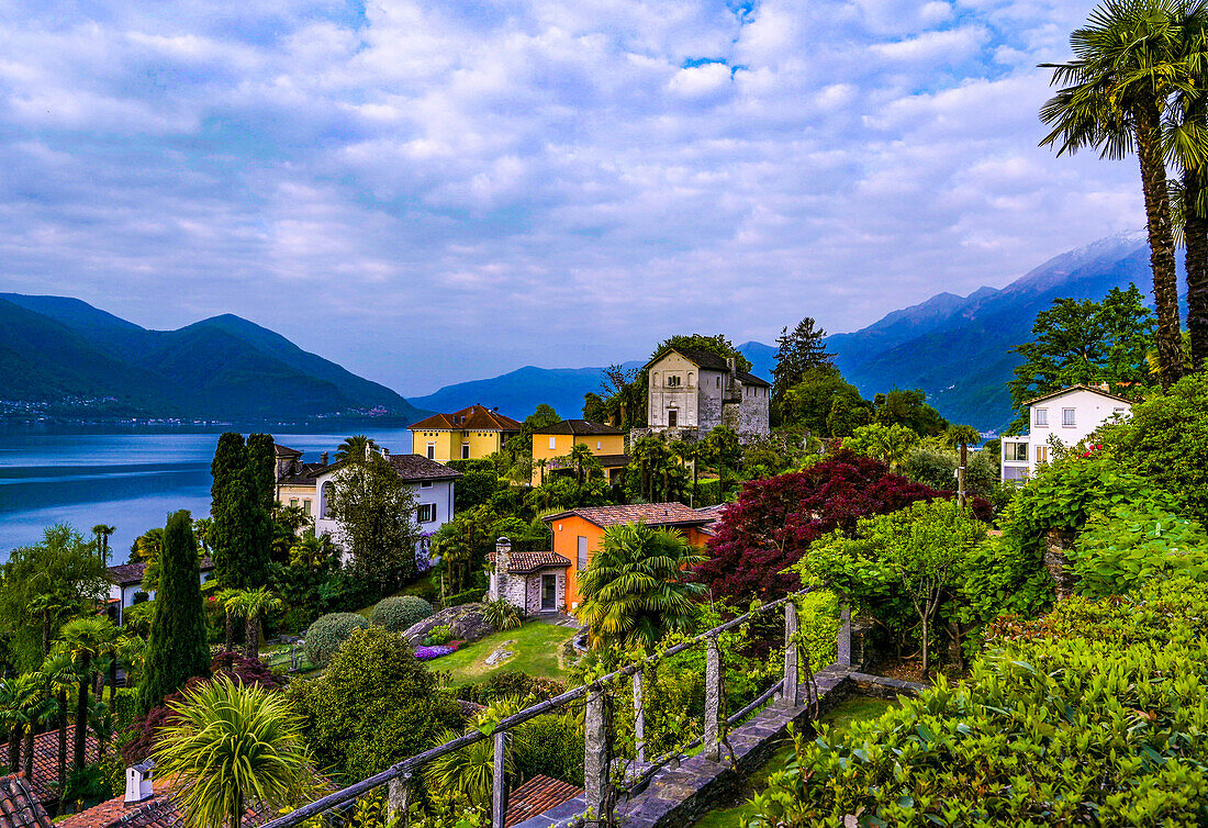 The lakefront of Ascona on Lake Maggiore with the Church of S. Michele, Ticino, Switzerland