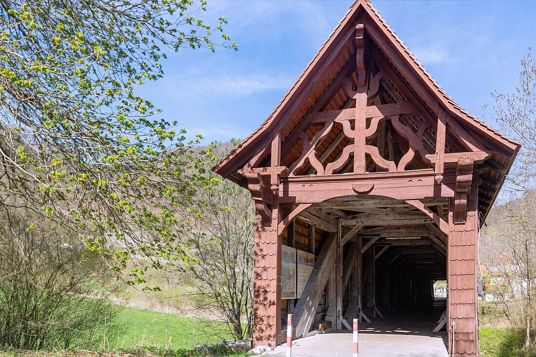 Beuron, historic wooden bridge over the Danube at Beuron Monastery, Upper Danube Nature Park in the Swabian Jura, Baden-Württemberg, Germany