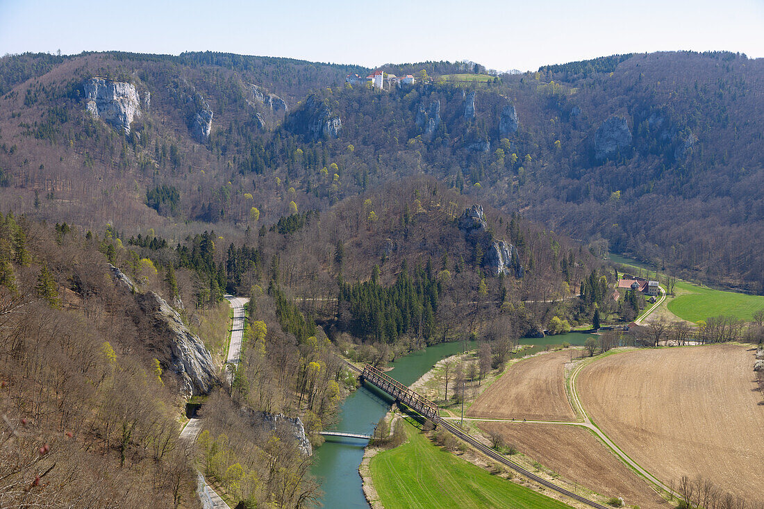 Wildenstein Castle, view from the Rauhe Felsen on the Danube Valley and the Maurus Chapel, Upper Danube Nature Park in the Swabian Jura, Baden-Württemberg, Germany
