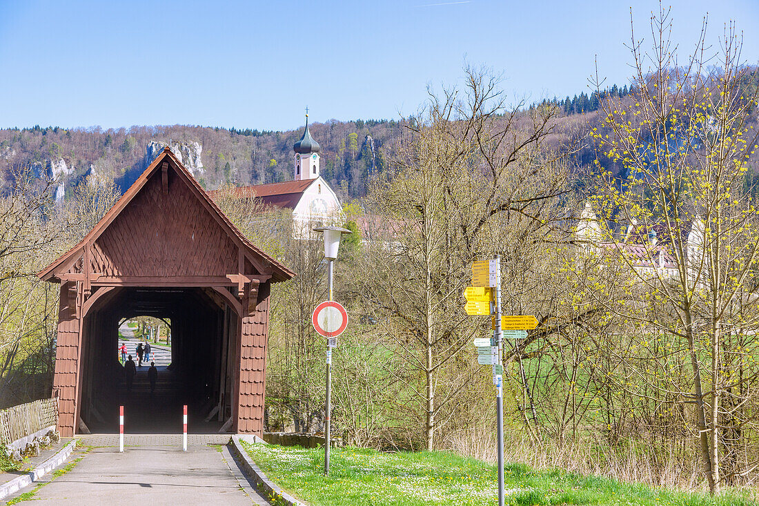 Beuron, historic wooden bridge and Beuron Monastery, Upper Danube Nature Park in the Swabian Jura, Baden-Württemberg, Germany