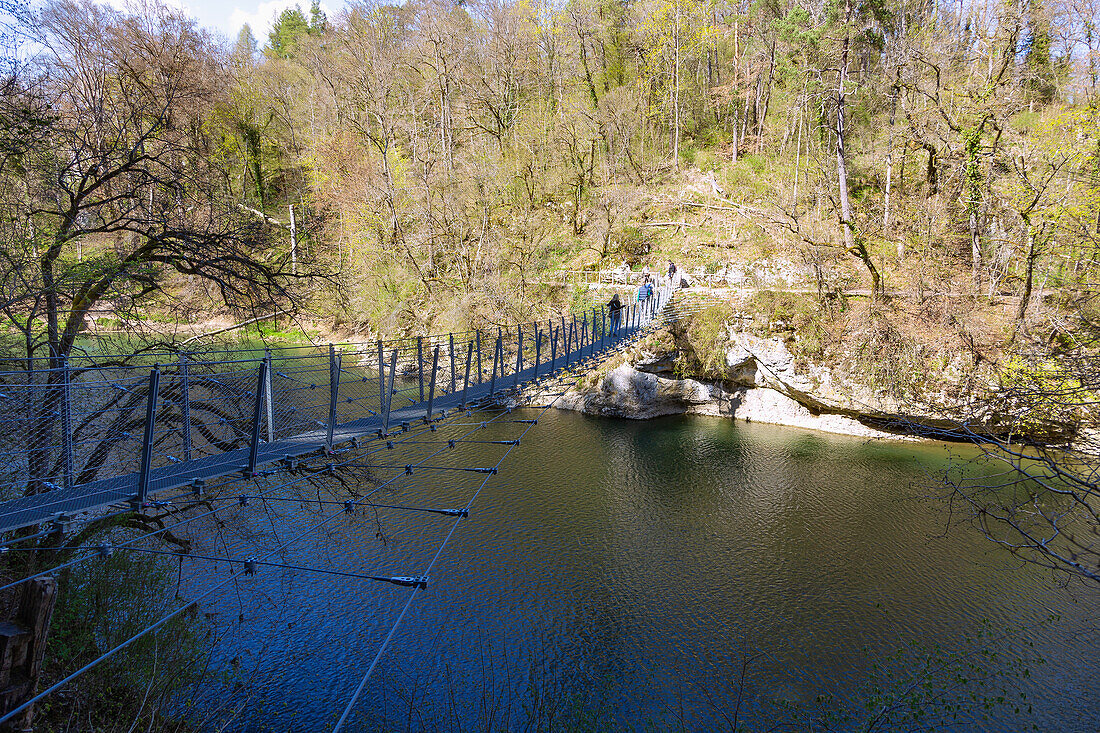 Inzigkofen, suspension bridge over the Danube in the Princely Park of Inzigkofen, in the Swabian Jura, Baden-Württemberg, Germany