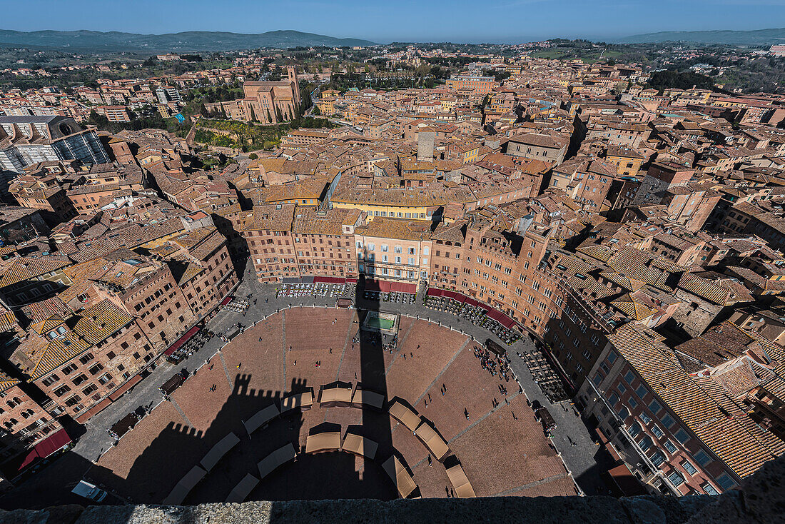 View from the Torre Del Mangia tower over the old town and Piazza Del Campo, Siena, Tuscany, Italy, Europe