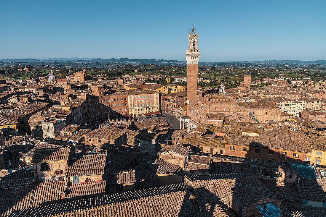 View of Torre Del Mangia tower and Palazzo Pubblico town hall from the Facciatone cathedral facade, Siena, Tuscany, Italy, Europe