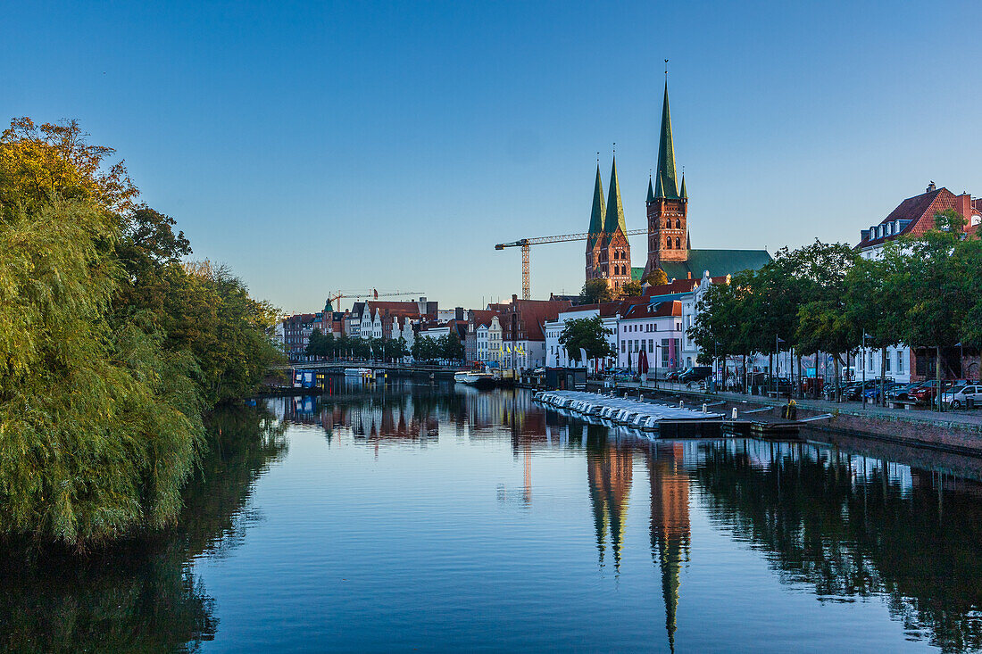 View of the old town island of the Hanseatic city of Lübeck in the morning. Luebeck, Schleswig-Holstein, Germany, Europe