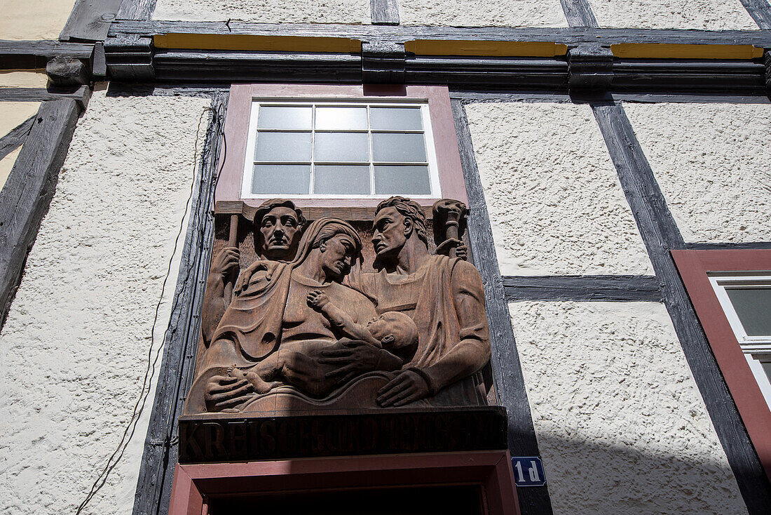 Half-timbered house with wooden relief, Wernigerode, Saxony-Anhalt, Germany