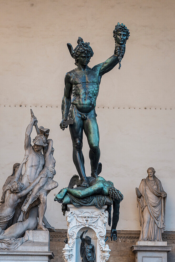 Statue of Perseus with Medusa in the Loggia dei Lanzi, Piazza della Signoria, Florence, Tuscany, Italy, Europe