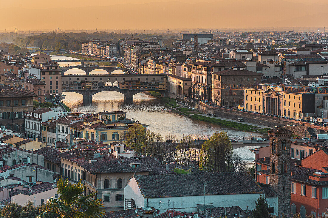 View of Ponte Vecchio bridge, Arno river, skyline, Florence city panorama from Piazzale Michelangelo, Tuscany, Italy, Europe