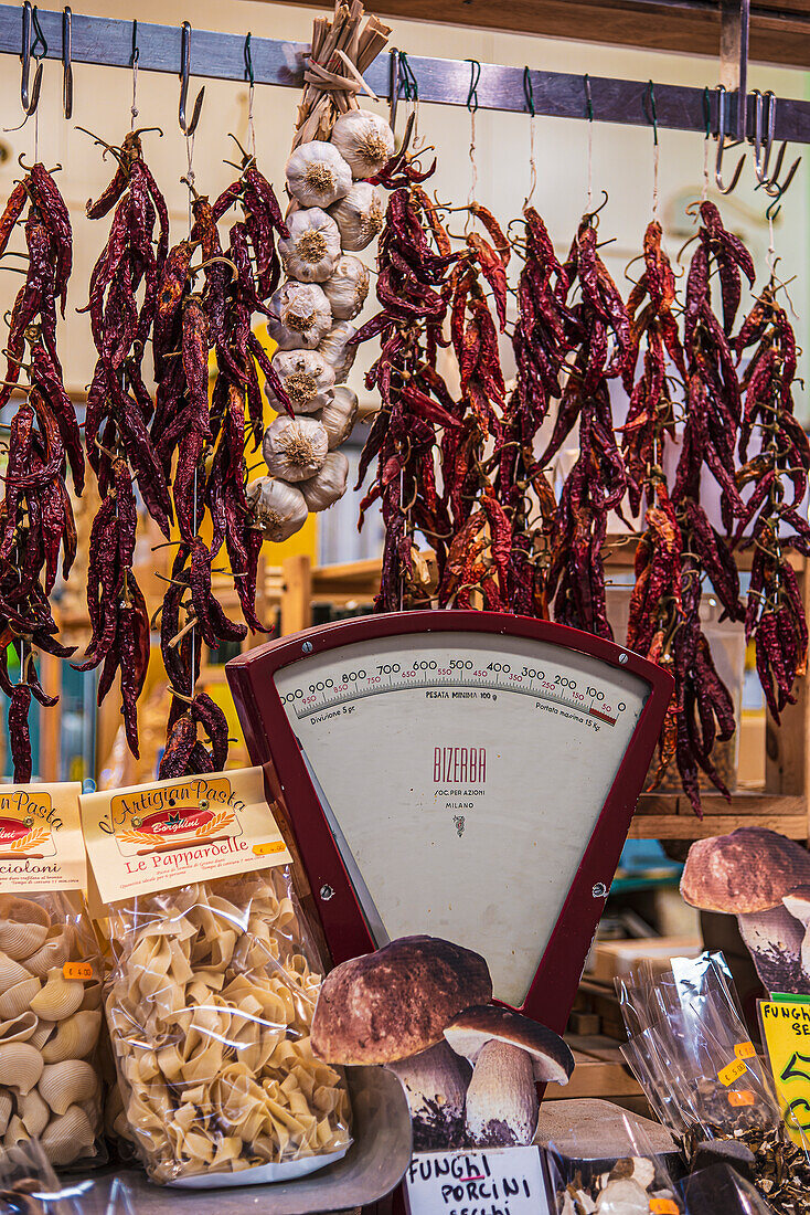 Dried Chile peppers with scales in the Mercato Centrale - a covered market hall in Florence, Old Town, Florence, Tuscany, Italy, Europe