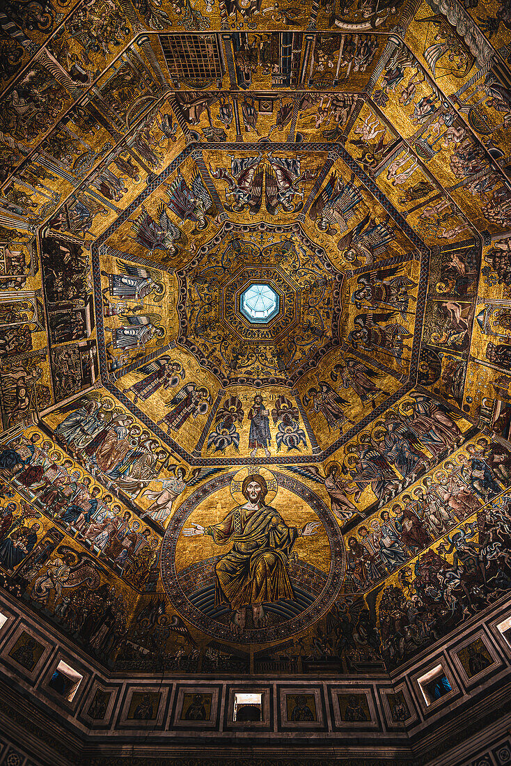 Dome from below, Central Cathedral Baptistery interior, Florence, Tuscany, Italy, Europe