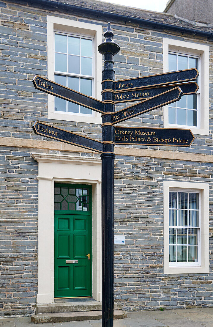 Signpost in Kirkwall, Scottish Orkneys, United Kingdom