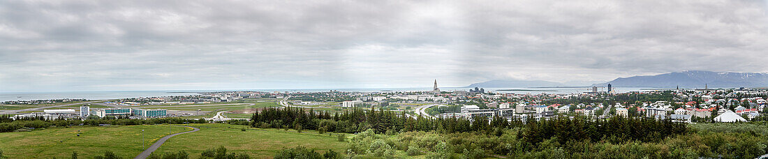 Panorama of Reykjavik; from the &quot;Perlan&quot;, futuristic, revolving gourmet restaurant with cocktail bar under a glass dome in a park. Reykjavik, Iceland