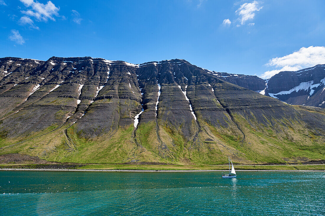 View from Ísafjörður across the sound to the Vestfirðir Peninsula, Iceland