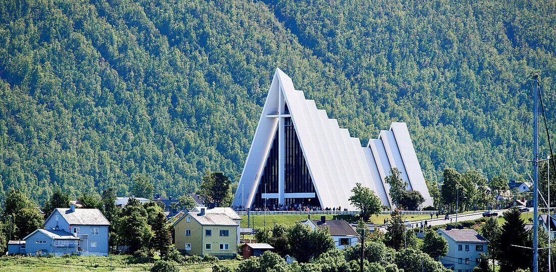 Imposing 1960s church made of concrete and aluminum with a striking glass facade, Arctic Cathedral, Hans Nilsens vei 41, 9020 Tromsdalen, Norway