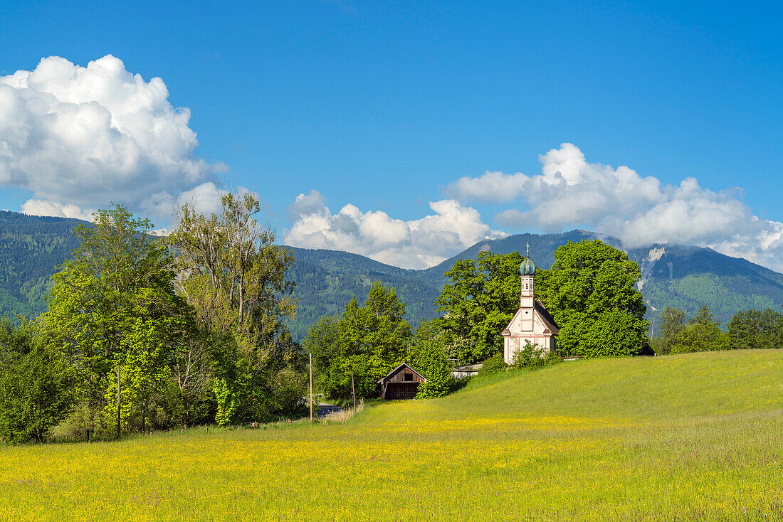 Ramsachkircherl on the Murnauer Moos in front of the Hörnle (1,548 m), Murnau, Upper Bavaria, Bavaria, Germany