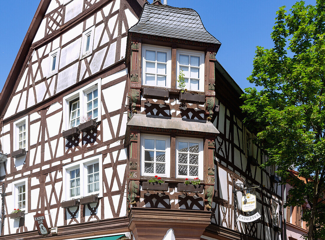 Half-timbered house Kaisereck at the town hall square in the Staufer town of Annweiler am Trifels, Rhineland-Palatinate, Germany