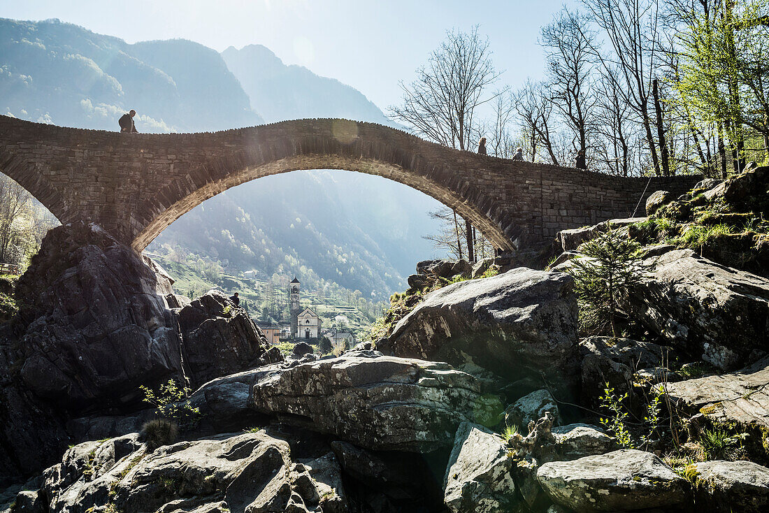 Old Roman bridge Ponte dei Salti over Verzasca, Lavertezzo, Verzasca Valley, Valle Verzasca, Canton Ticino, Switzerland