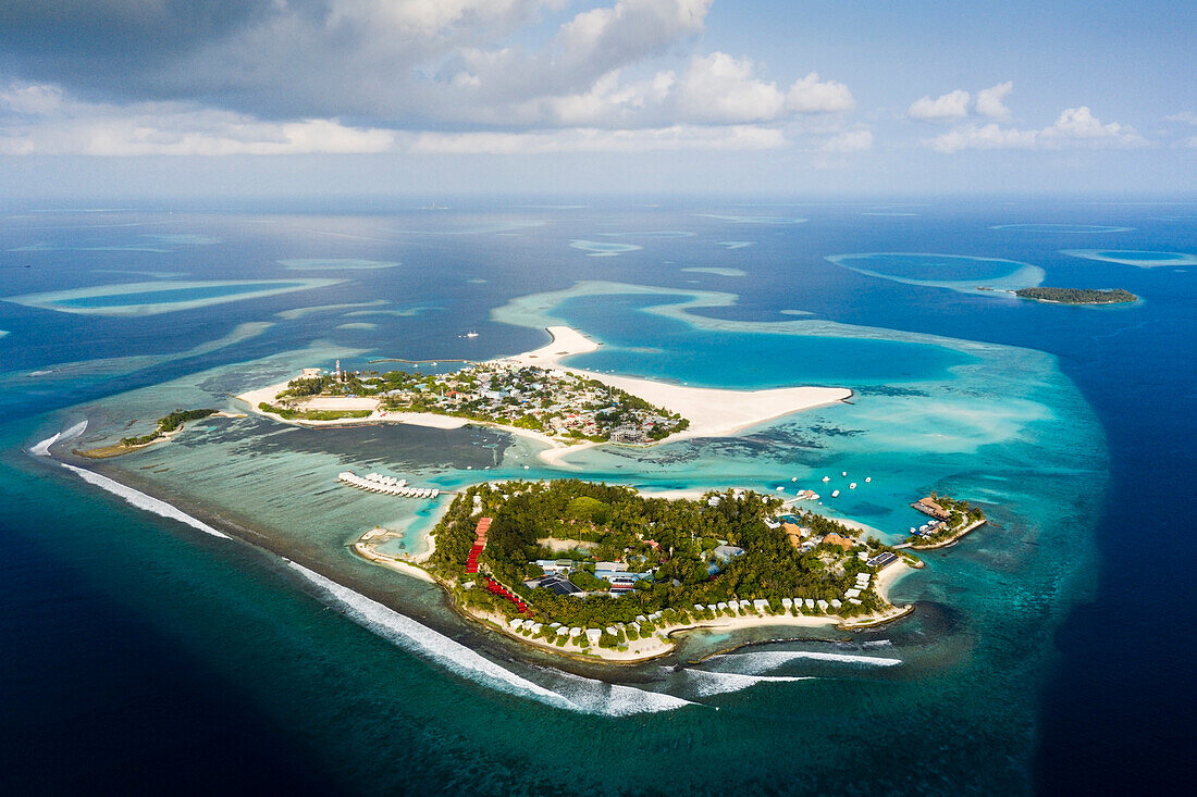 Ferieninsel Kandooma und Einheimischeninsel Guraidhoo, Sued Male Atoll, Indischer Ozean, Malediven
