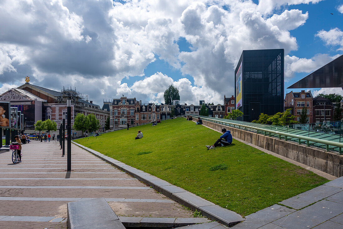 Stedelijk Museum, bedeutendes Museum für moderne und zeitgenössische Kunst, links Concertgebouw, königliches Konzerthaus, Amsterdam, Noord-Holland, Niederlande
