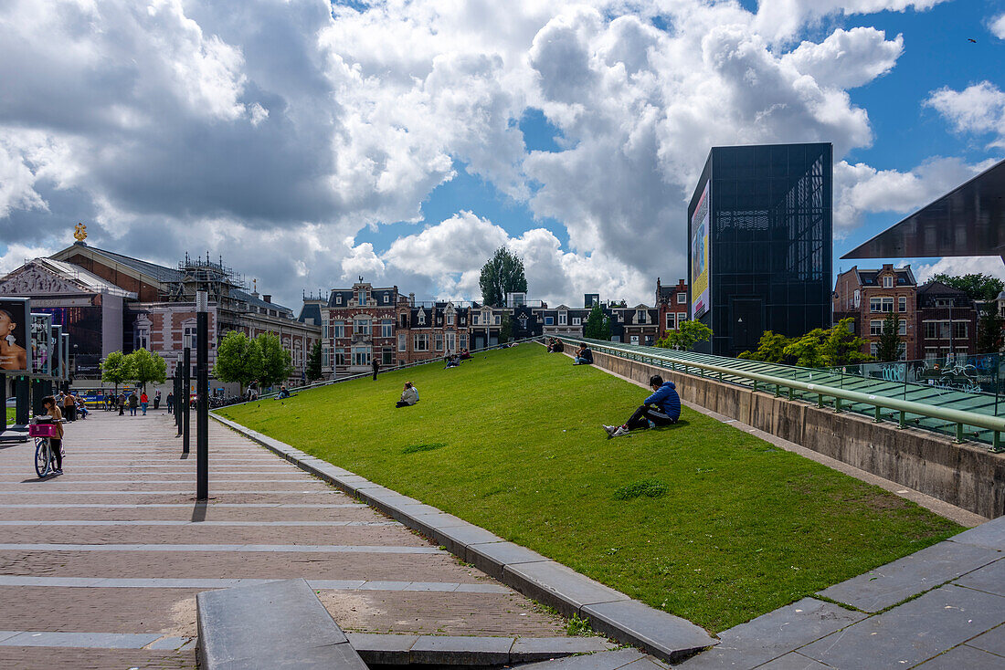 Stedelijk Museum, important museum for modern and contemporary art, left Concertgebouw, royal concert hall, Amsterdam, North Holland, Netherlands