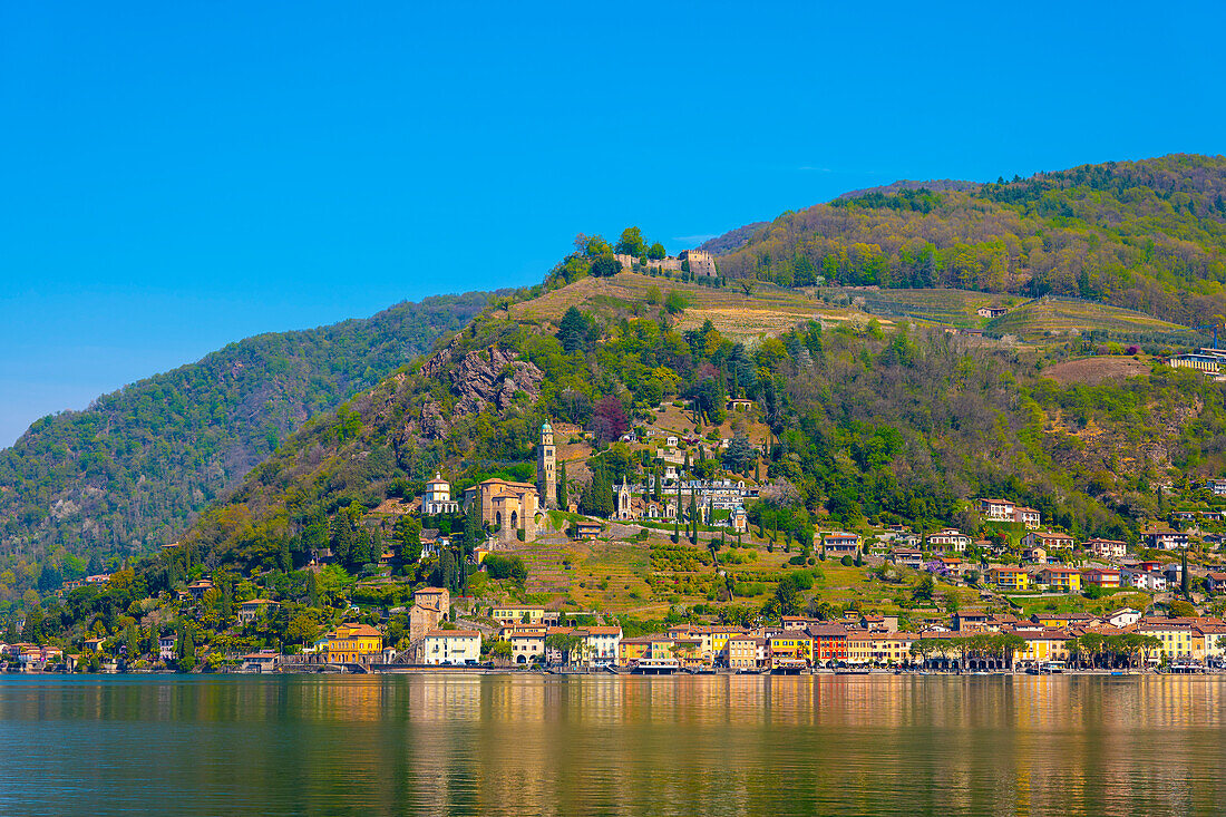 Alpine Lake Lugano with Mountain in a Sunny Day in Village Morcote, Ticino, Switzerland.