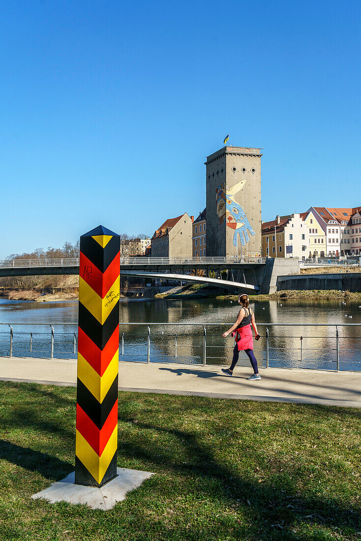 Border post on the German-Polish border with the border river Neisse, pedestrian bridge between Goerlitz and Zgorzelec, Saxony,