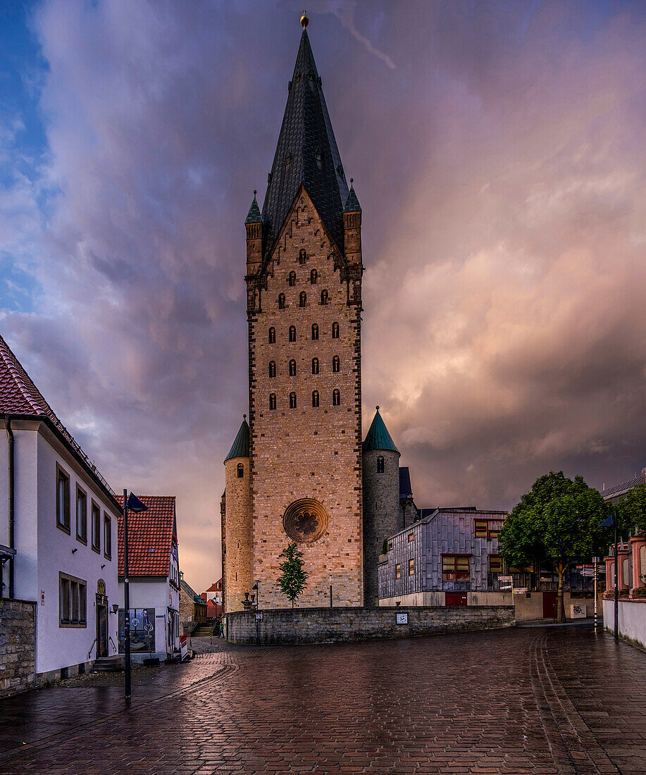 West Tower of Paderborn Cathedral in the evening light, North Rhine-Westphalia, Germany