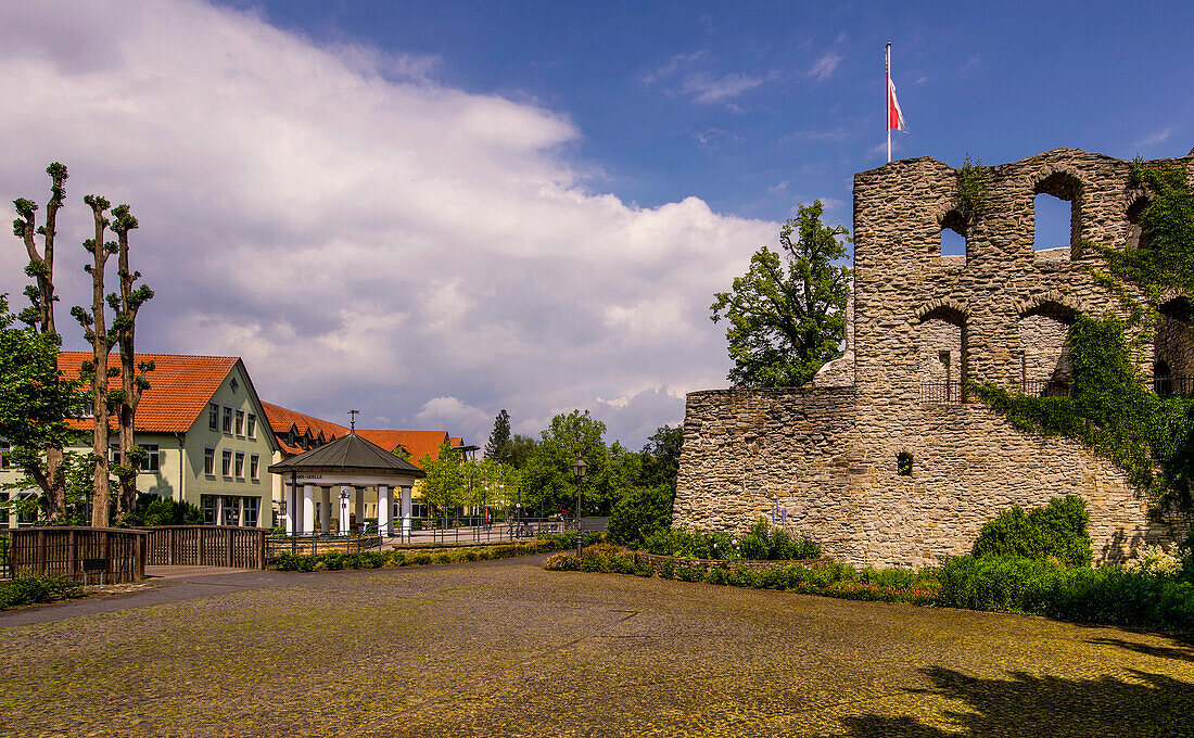 Castle ruins and Arminius spring in Bad Lippspringe, North Rhine-Westphalia, Germany