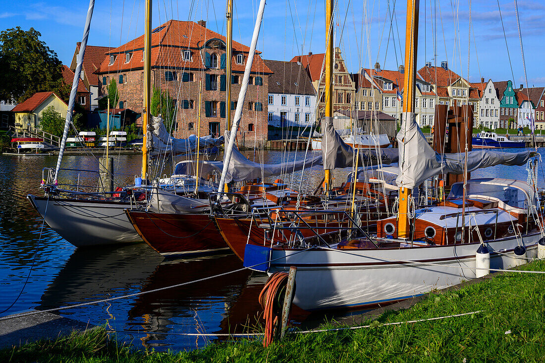 Row of houses at the inland port, Glückstadt, North Sea coast, Schleswig Holstein, Germany, Europe