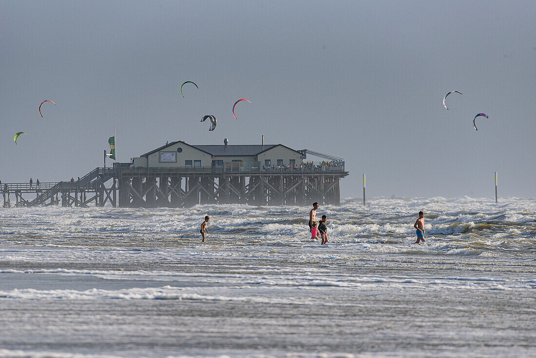 Sankt Peter Ording stilt houses on the beach, Sankt Peter Ording, North Friesland, North Sea coast, Schleswig Holstein, Germany, Europe