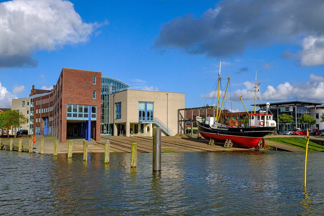 Town hall with old cutter on Slipanlange, inland port, Husum, North Friesland, North Sea coast, Schleswig Holstein, Germany, Europe