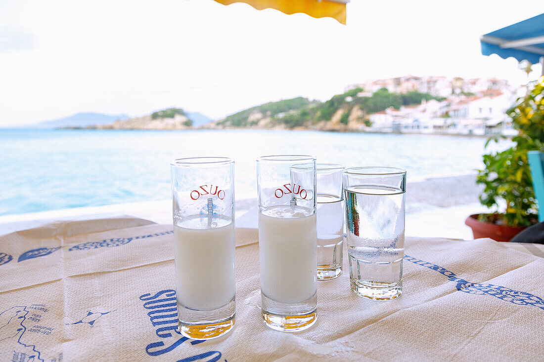 Greek ouzo served in a taverna in Kokkari on the island of Samos in Greece