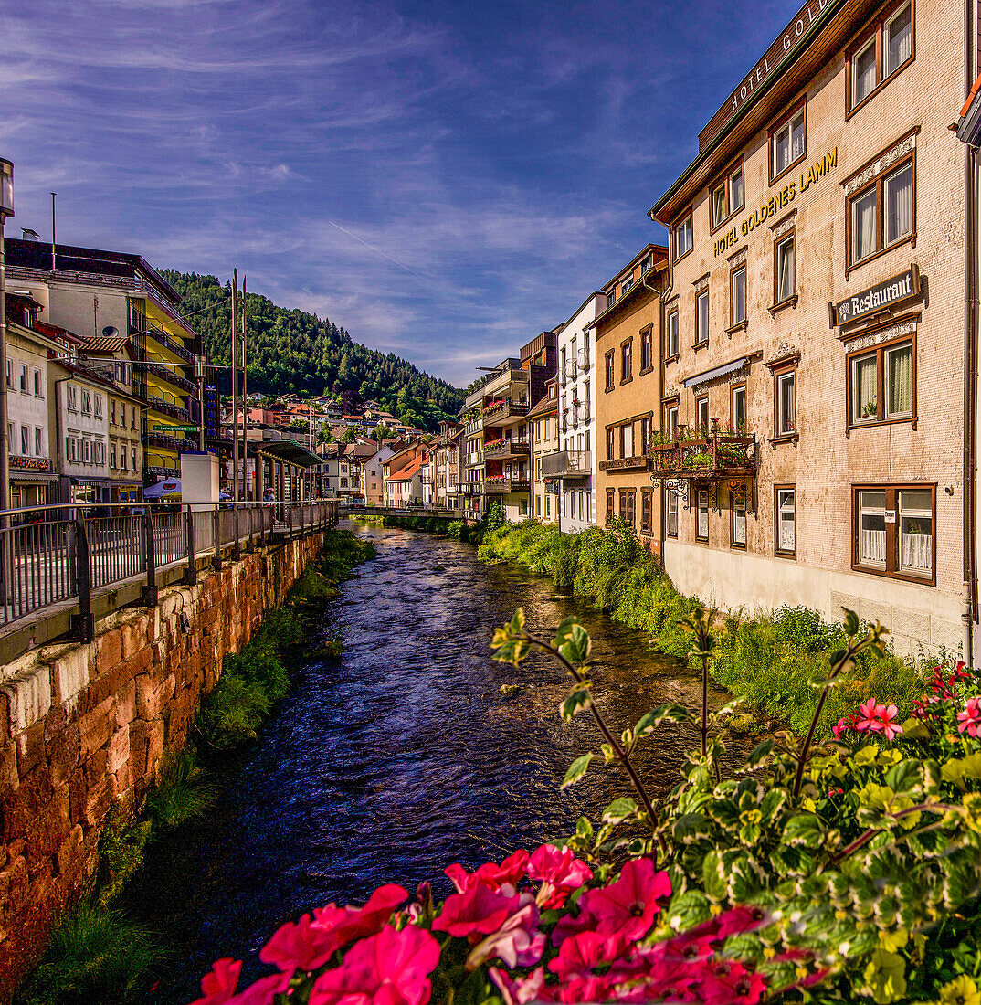 Evening mood on the banks of the Enz in Bad Wildbad, Baden-Württemberg, Germany