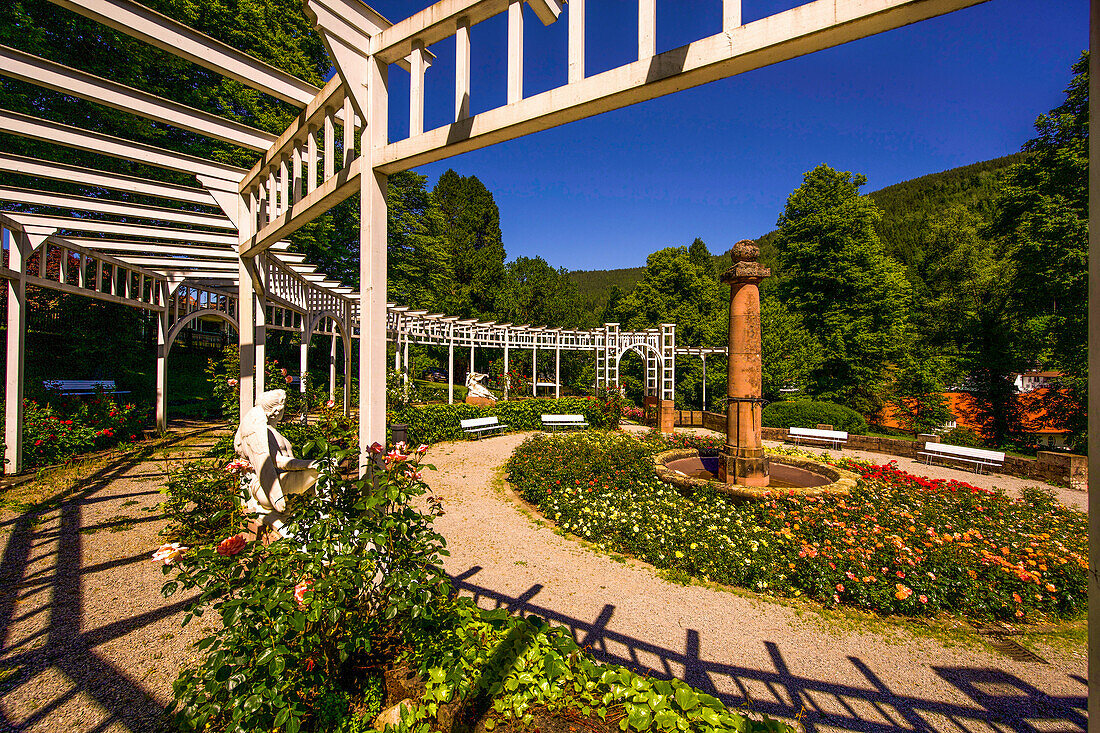 Rosarium mit Rundpergola, Brunnensäule und antiken Figuren von Joseph Kopf im Kurpark von Bad Wildbad, Baden-Württemberg, Deutschland