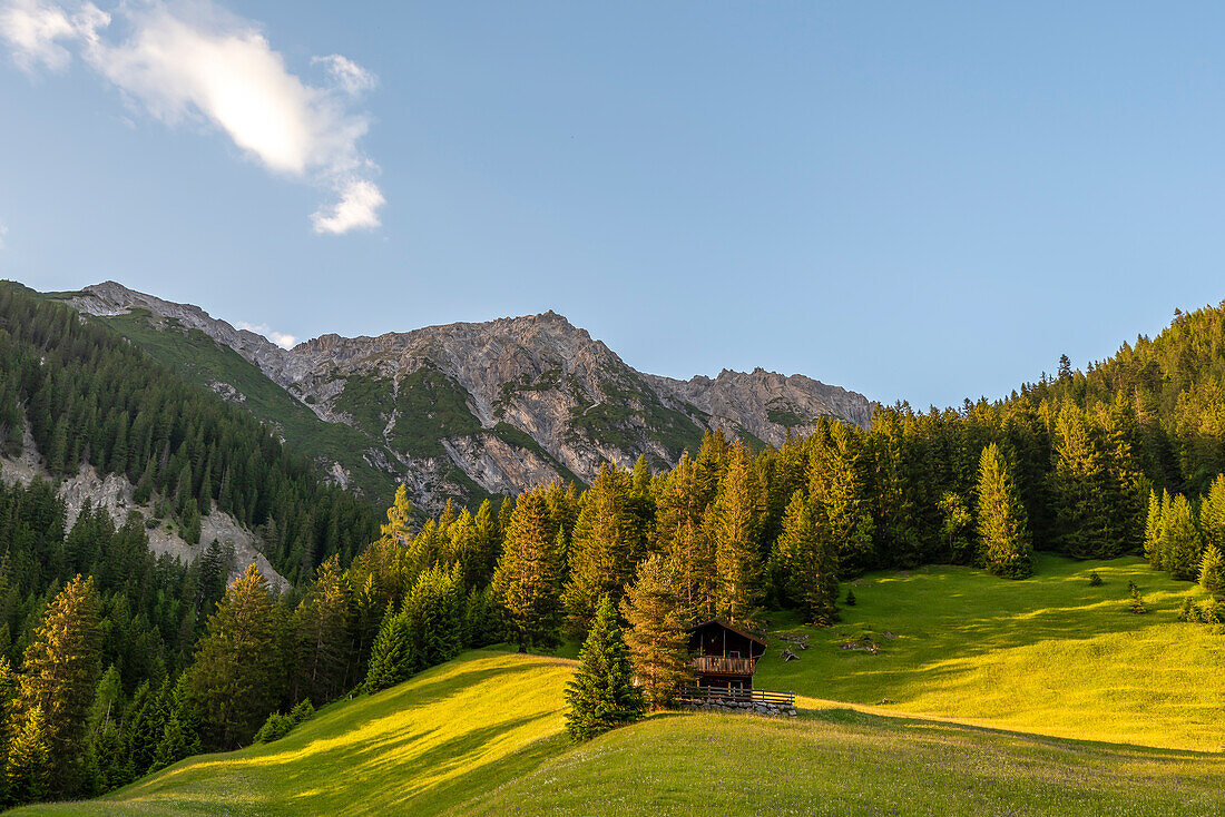 Holzhütte am Berggasthof Hermine, dahinter die 2594 Meter hohe Zwölferspitze, Europäischen Fernwanderweg E5, Madau, Tirol, Österreich