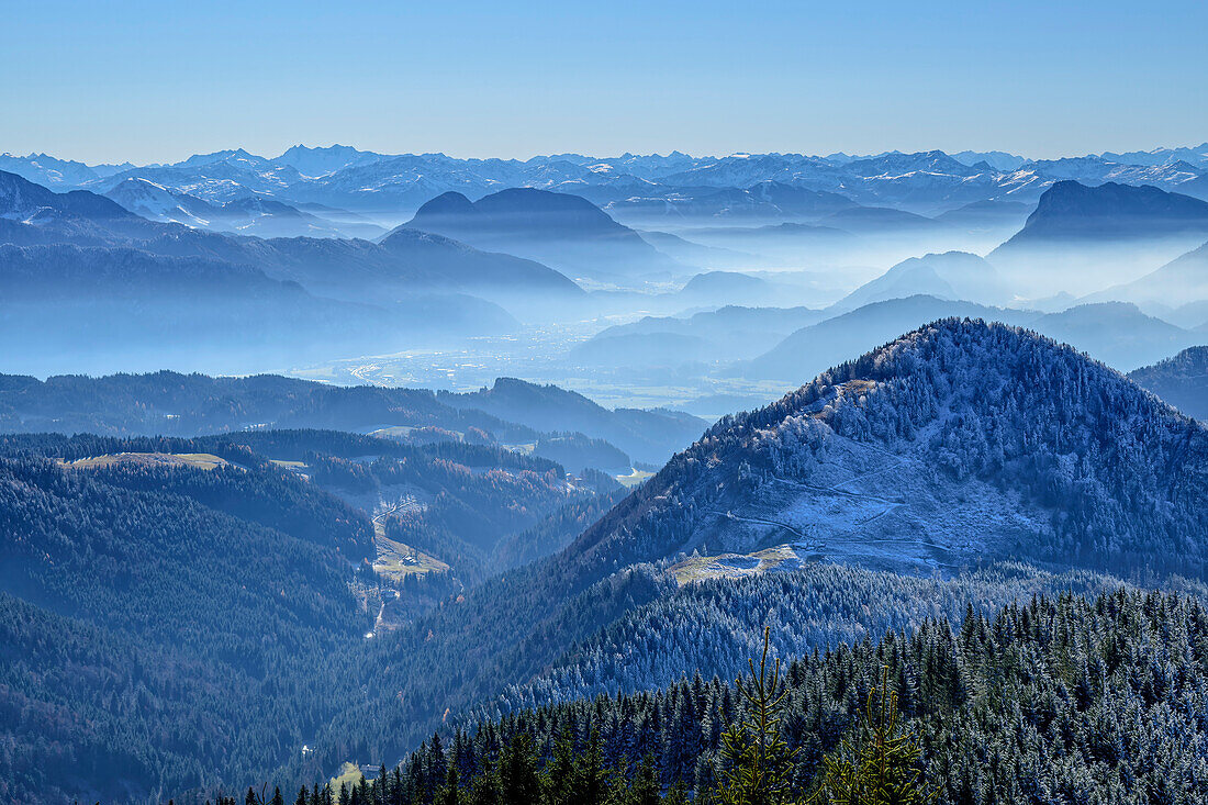 Autumn mood over the Inn Valley with a view of the Central Alps, from the Hochries, Chiemgau Alps, Chiemgau, Upper Bavaria, Bavaria, Germany