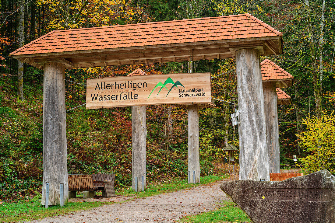 Wooden gate at the start of the Allerheiligen waterfalls hike, Allerheiligen, Black Forest National Park, Black Forest, Baden-Württemberg, Germany