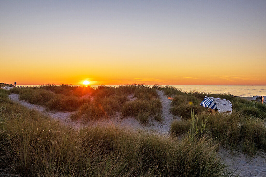 Sunset in the dunes of Heiligenhafen, Marina Resort, Baltic Sea, Ostholstein, Schleswig-Holstein, Germany