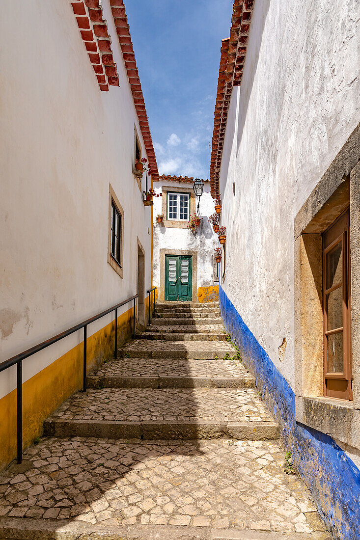 A staircase lined with flowers leads to an entrance with an old door in the old town of Obidos, Portugal
