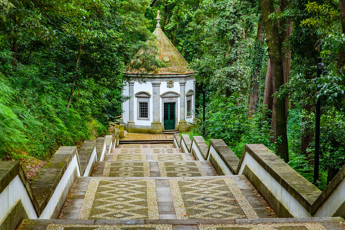 Die monumentalen Treppen am Heiligtum Bom Jesus do Monte in Braga mit vielen Stationen, Portugal