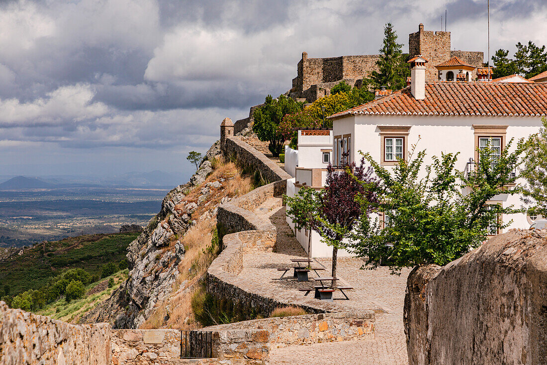 View over the Serra de Sao Mamede from the castle and ramparts of the town of Marvao on the Spanish border, Portugal
