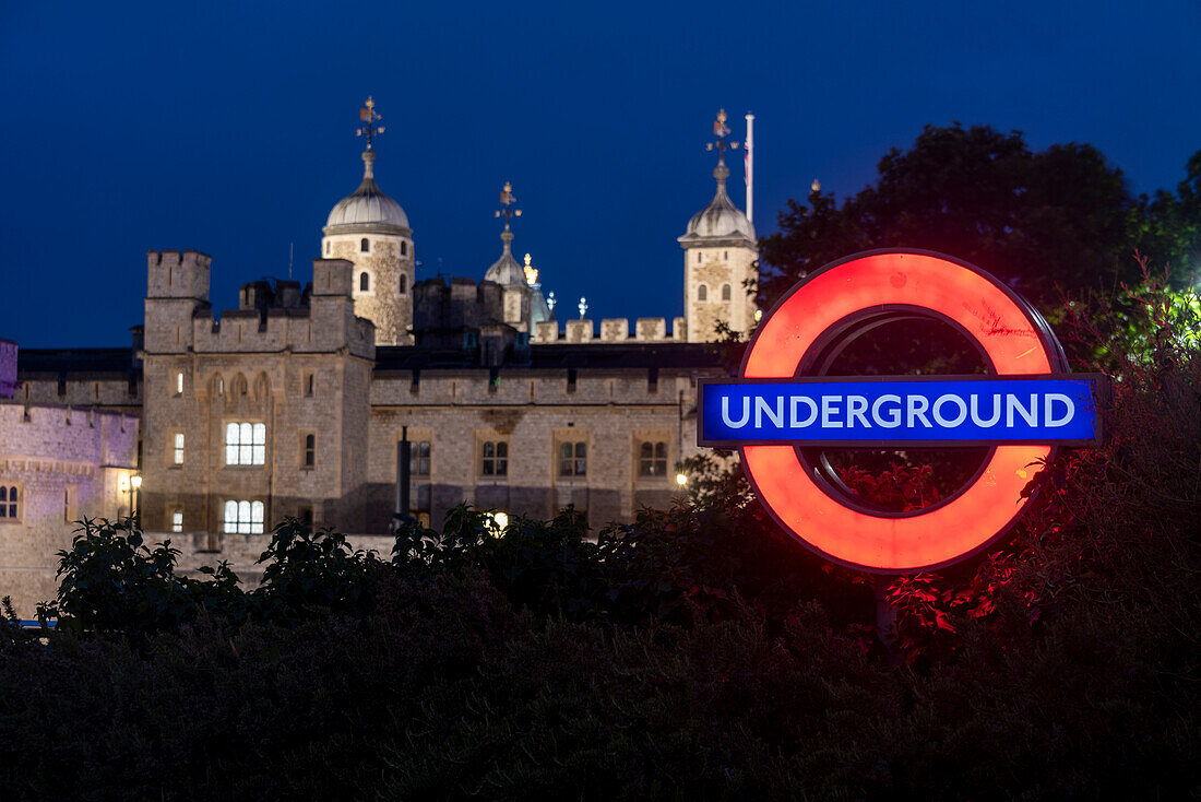 Tower of London, sign for Tube, Underground, London, UK