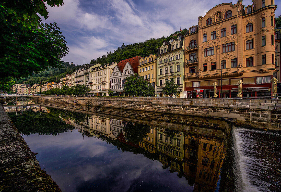 View across the Teplá (Teplá) to the &#39;Old Meadow'39; (Stará louka) in the morning, Karlovy Vary (Karlovy Vary), Czech Republic