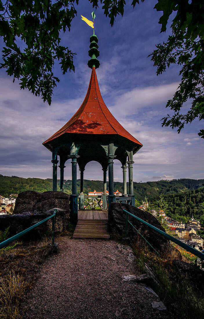 Mayer-Gloriette viewing pavilion in the city forest of Karlovy Vary (Karlovy Vary) overlooking the spa district, Czech Republic